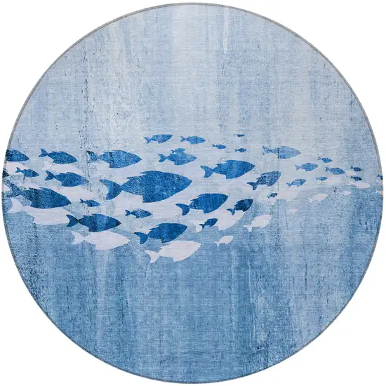8' Sky Blue And Navy Blue Round Nautical Washable Indoor Outdoor Area Rug Photo 4