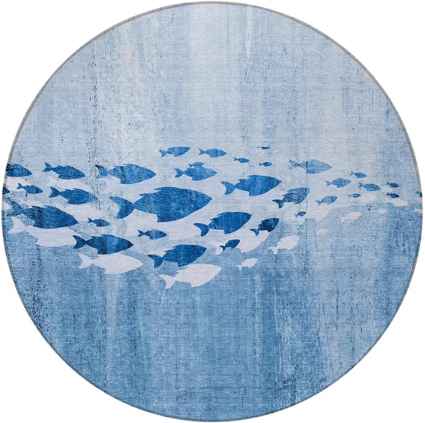 8' Sky Blue And Navy Blue Round Nautical Washable Indoor Outdoor Area Rug Photo 4