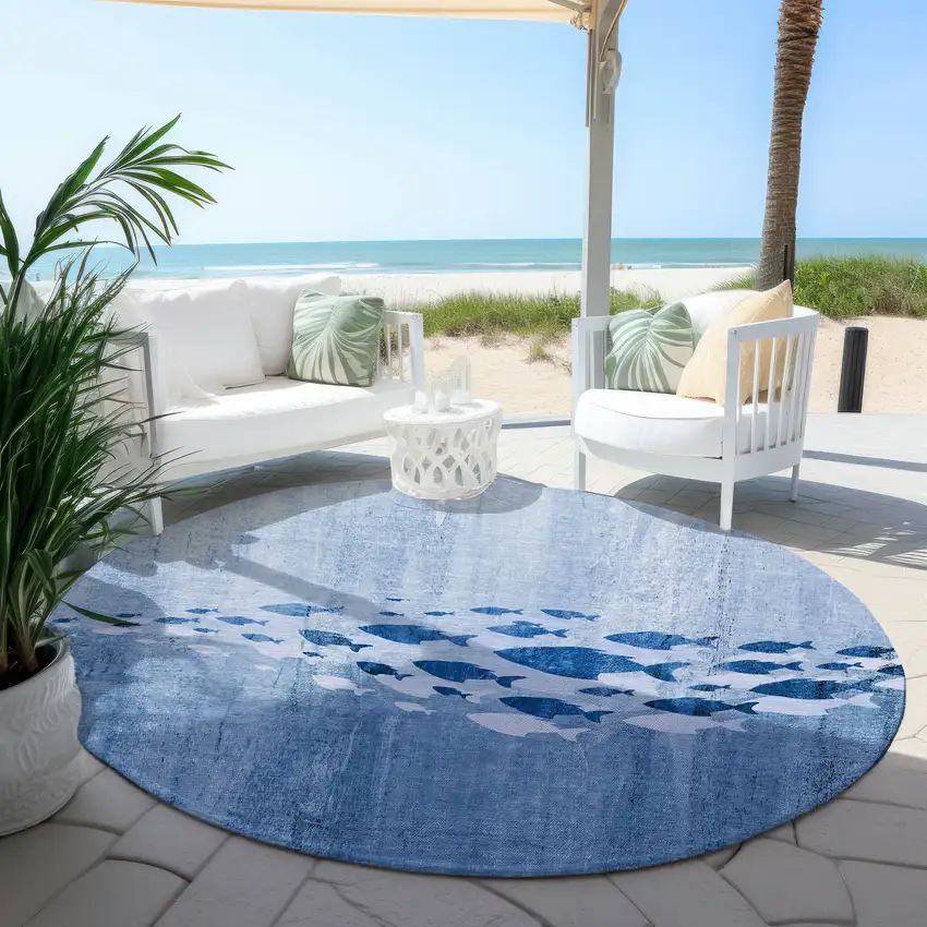 8' Sky Blue And Navy Blue Round Nautical Washable Indoor Outdoor Area Rug Photo 5