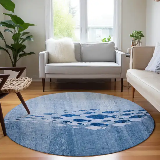 8' Sky Blue And Navy Blue Round Nautical Washable Indoor Outdoor Area Rug Photo 6