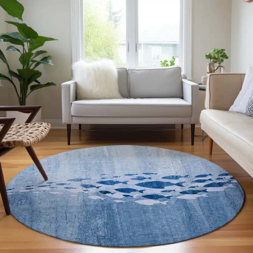 8' Sky Blue And Navy Blue Round Nautical Washable Indoor Outdoor Area Rug Photo 6