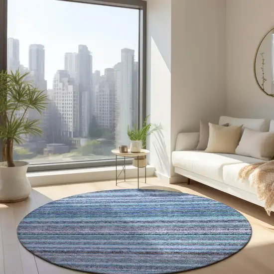 8' Sky Blue And Navy Blue Round Striped Washable Indoor Outdoor Area Rug Photo 7
