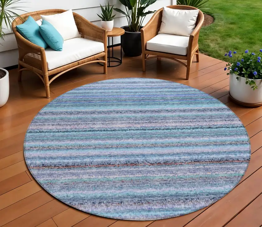 8' Sky Blue And Navy Blue Round Striped Washable Indoor Outdoor Area Rug Photo 1