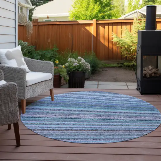 8' Sky Blue And Navy Blue Round Striped Washable Indoor Outdoor Area Rug Photo 6