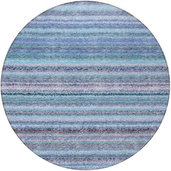 8' Sky Blue And Navy Blue Round Striped Washable Indoor Outdoor Area Rug Photo 5