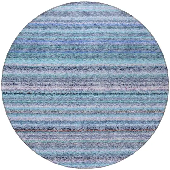 8' Sky Blue And Navy Blue Round Striped Washable Indoor Outdoor Area Rug Photo 5