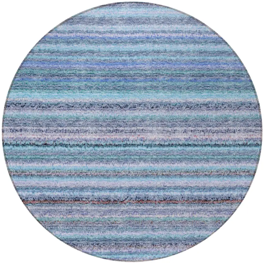 8' Sky Blue And Navy Blue Round Striped Washable Indoor Outdoor Area Rug Photo 5
