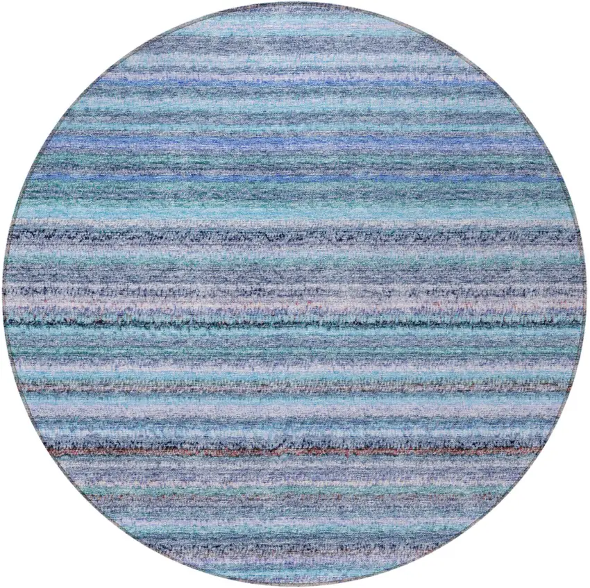 8' Sky Blue And Navy Blue Round Striped Washable Indoor Outdoor Area Rug Photo 5