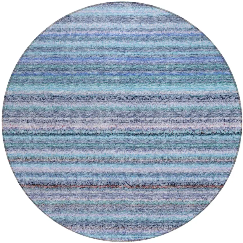 8' Sky Blue And Navy Blue Round Striped Washable Indoor Outdoor Area Rug Photo 2