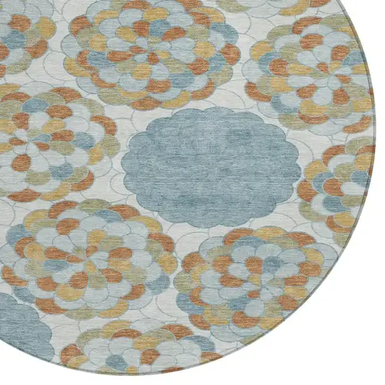 8' Sky Blue And Orange Round Floral Washable Indoor Outdoor Area Rug Photo 2