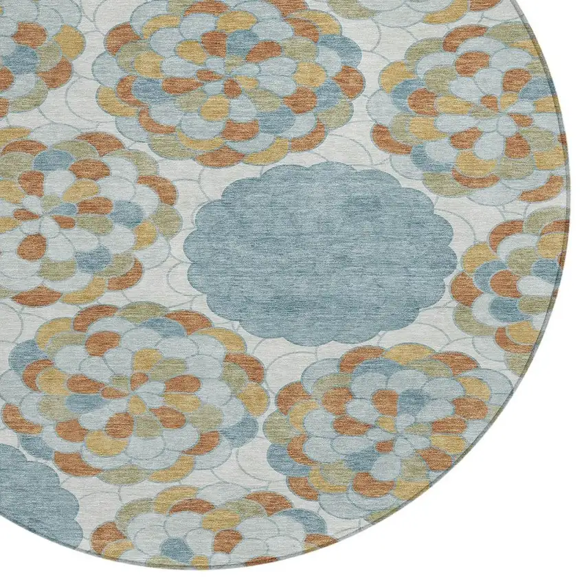8' Sky Blue And Orange Round Floral Washable Indoor Outdoor Area Rug Photo 2