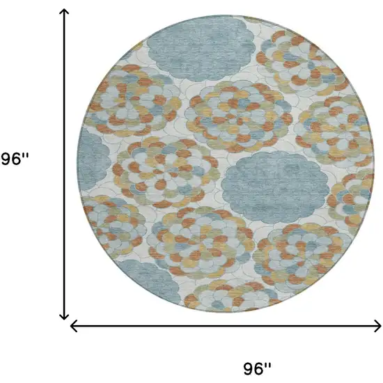 8' Sky Blue And Orange Round Floral Washable Indoor Outdoor Area Rug Photo 8