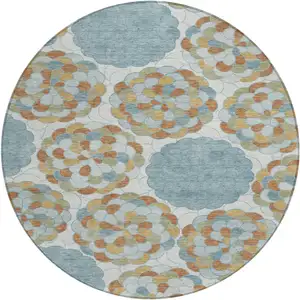 Photo of 8' Sky Blue And Orange Round Floral Washable Indoor Outdoor Area Rug