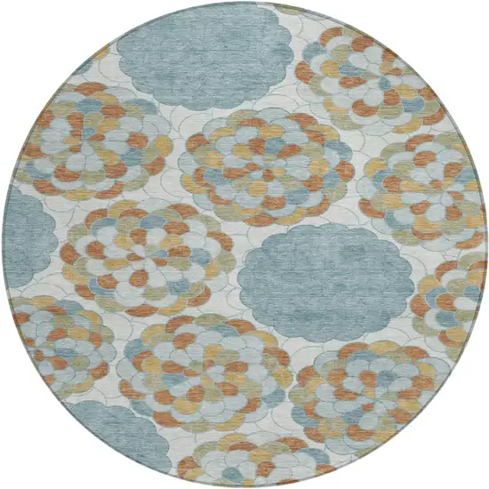 8' Sky Blue And Orange Round Floral Washable Indoor Outdoor Area Rug Photo 1
