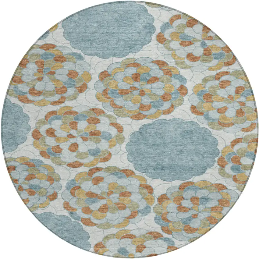 8' Sky Blue And Orange Round Floral Washable Indoor Outdoor Area Rug Photo 1
