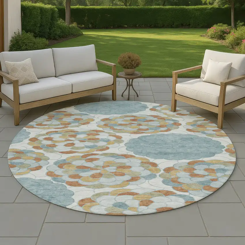 8' Sky Blue And Orange Round Floral Washable Indoor Outdoor Area Rug Photo 4