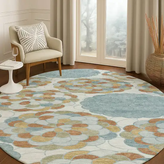 8' Sky Blue And Orange Round Floral Washable Indoor Outdoor Area Rug Photo 5