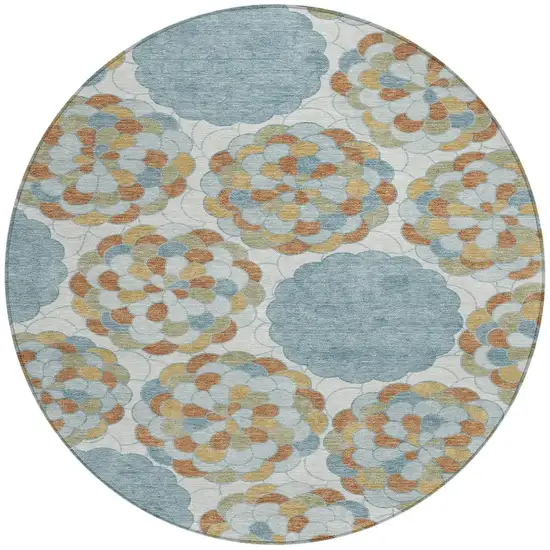 8' Sky Blue And Orange Round Floral Washable Indoor Outdoor Area Rug Photo 3