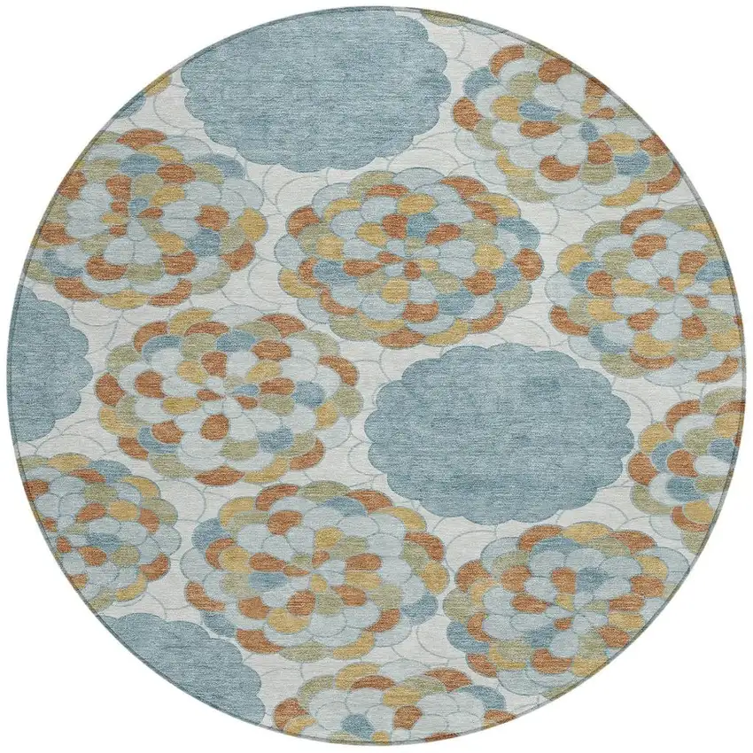 8' Sky Blue And Orange Round Floral Washable Indoor Outdoor Area Rug Photo 3