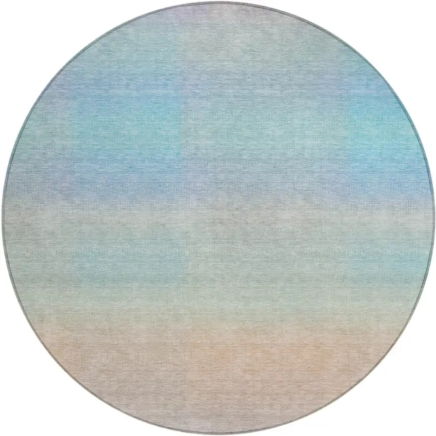 8' Sky Blue And Peach Round Abstract Washable Indoor Outdoor Area Rug Photo 1