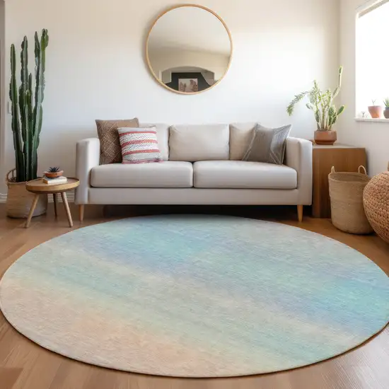8' Sky Blue And Peach Round Abstract Washable Indoor Outdoor Area Rug Photo 6