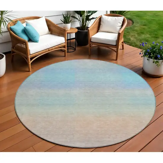 8' Sky Blue And Peach Round Abstract Washable Indoor Outdoor Area Rug Photo 2