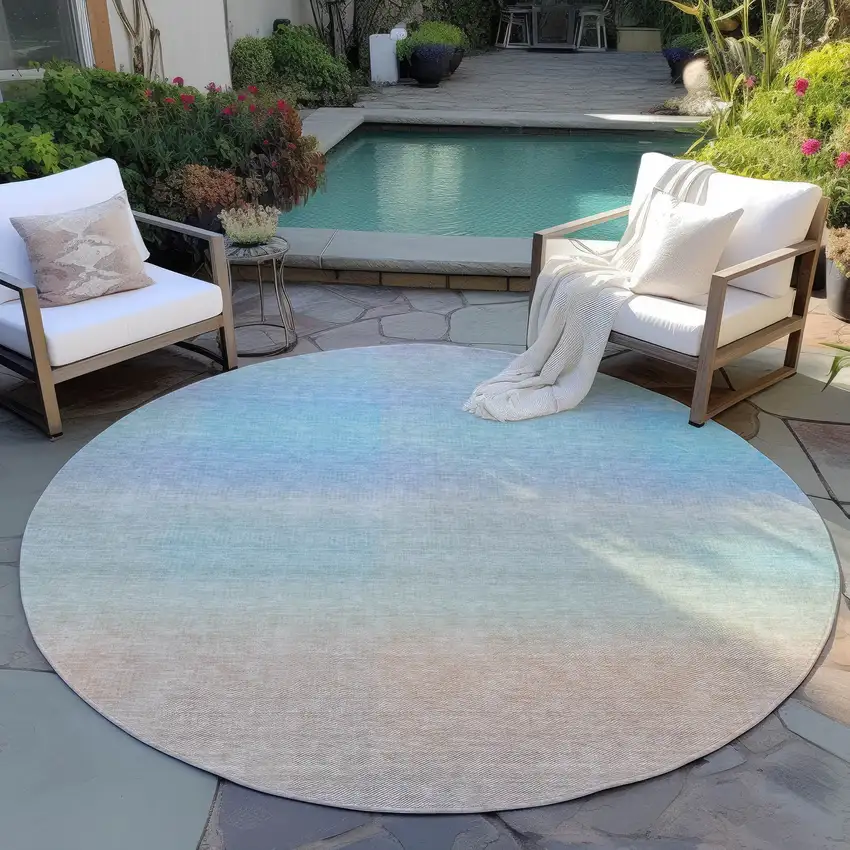 8' Sky Blue And Peach Round Abstract Washable Indoor Outdoor Area Rug Photo 5
