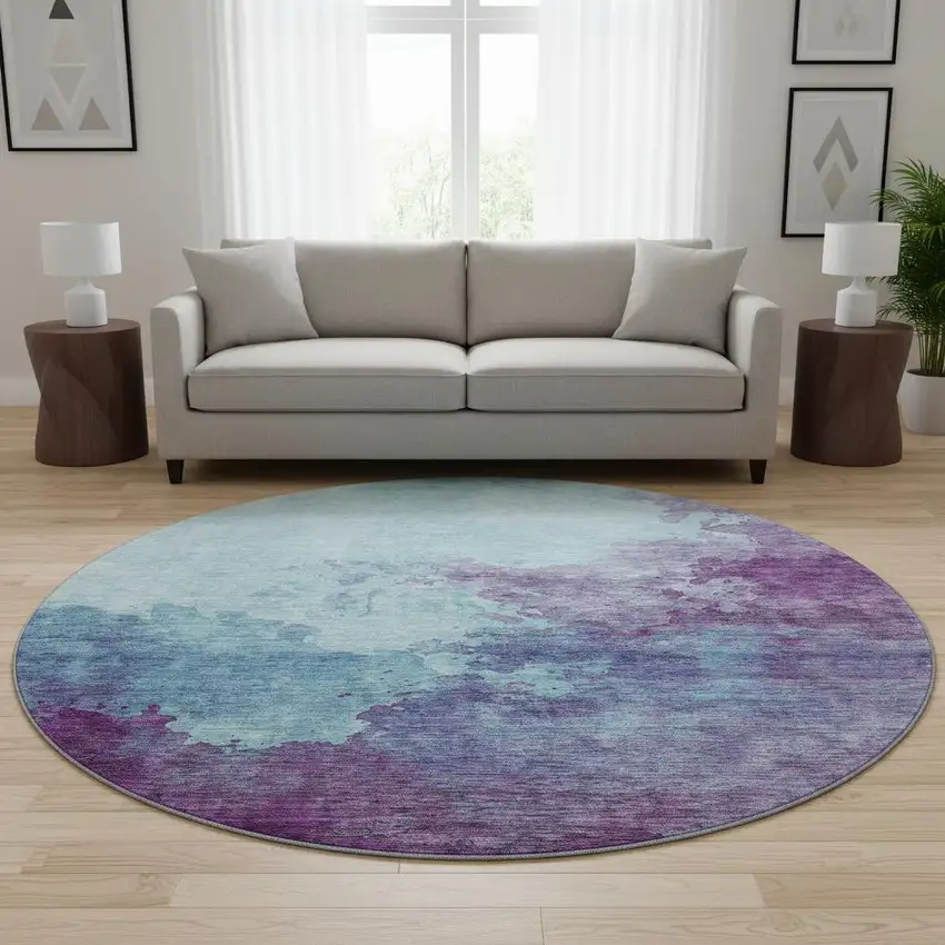 8' Sky Blue And Purple Abstract Washable Round Rug With UV Protection Photo 2