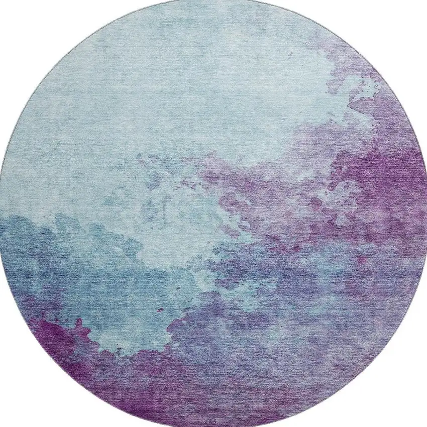 8' Sky Blue And Purple Abstract Washable Round Rug With UV Protection Photo 3
