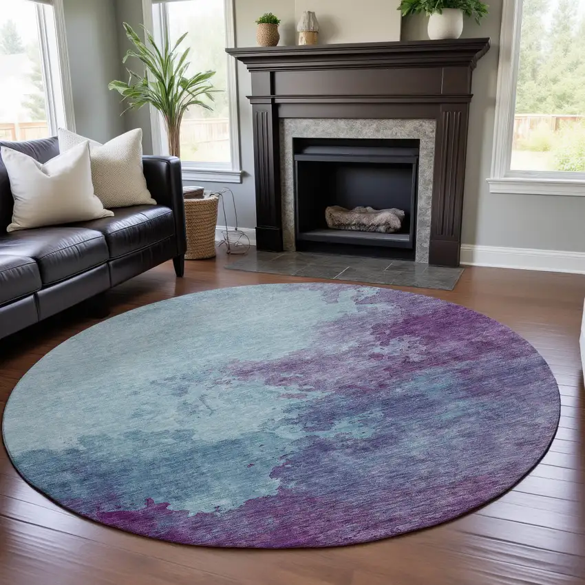 8' Sky Blue And Purple Abstract Washable Round Rug With UV Protection Photo 4