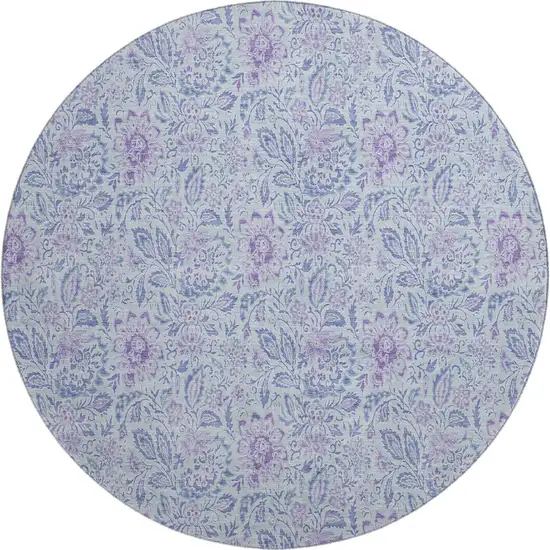 8' Sky Blue And Purple Floral Washable Round Rug With UV Protection Photo 1
