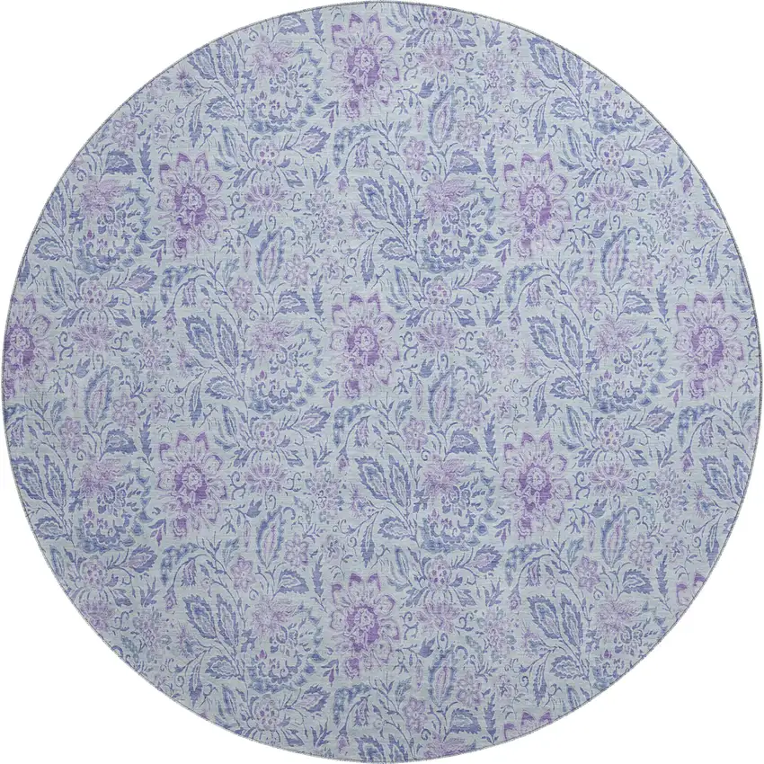 8' Sky Blue And Purple Floral Washable Round Rug With UV Protection Photo 1