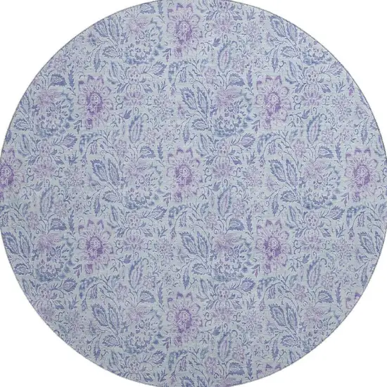 8' Sky Blue And Purple Floral Washable Round Rug With UV Protection Photo 3