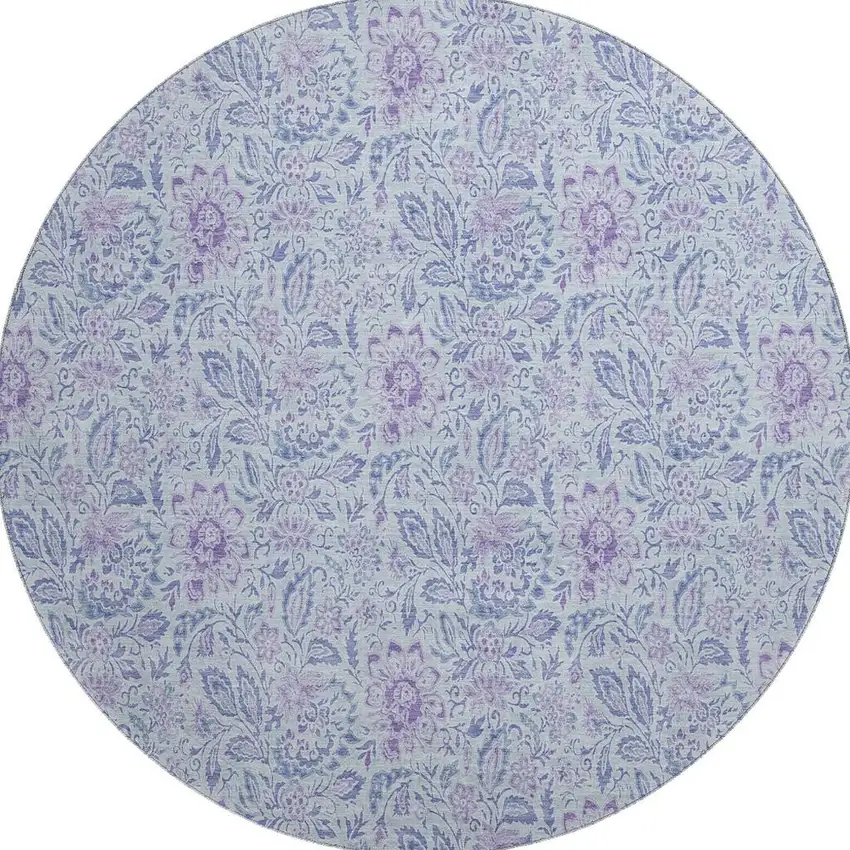 8' Sky Blue And Purple Floral Washable Round Rug With UV Protection Photo 3