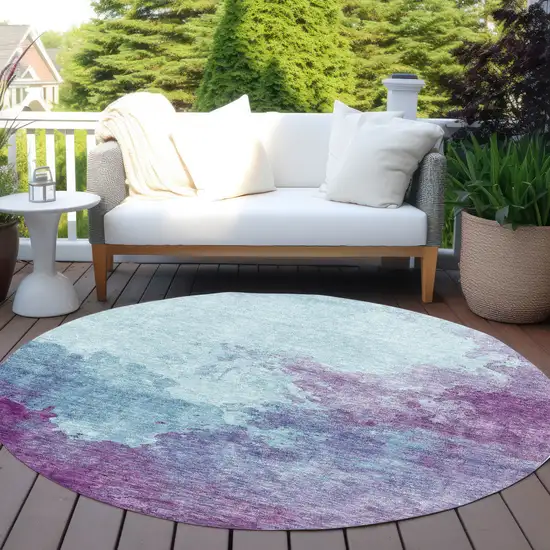 8' Sky Blue And Purple Round Abstract Washable Indoor Outdoor Area Rug Photo 6