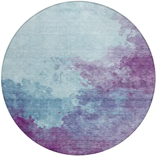 8' Sky Blue And Purple Round Abstract Washable Indoor Outdoor Area Rug Photo 2