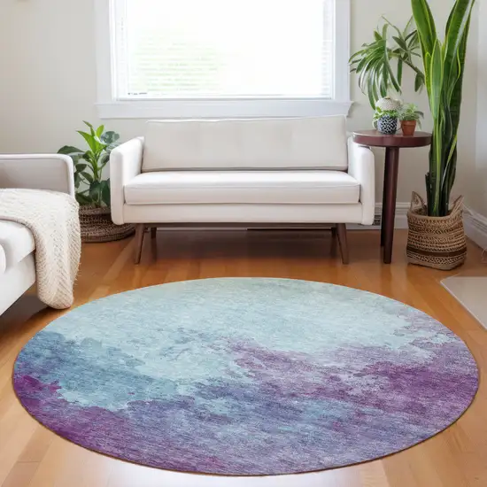 8' Sky Blue And Purple Round Abstract Washable Indoor Outdoor Area Rug Photo 7
