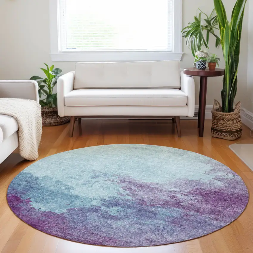 8' Sky Blue And Purple Round Abstract Washable Indoor Outdoor Area Rug Photo 7