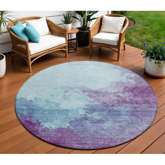 8' Sky Blue And Purple Round Abstract Washable Indoor Outdoor Area Rug Photo 1