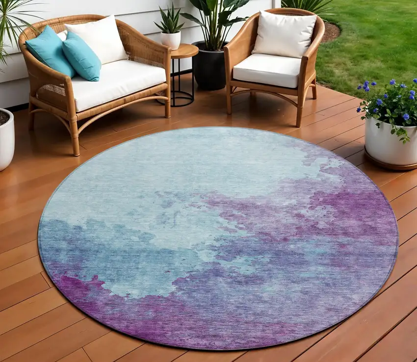 8' Sky Blue And Purple Round Abstract Washable Indoor Outdoor Area Rug Photo 1