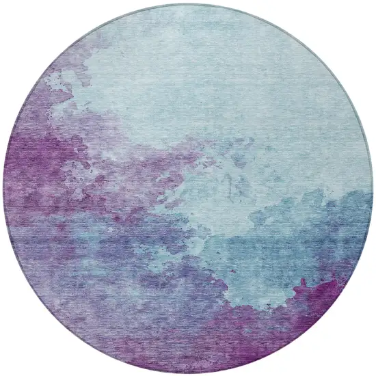 8' Sky Blue And Purple Round Abstract Washable Indoor Outdoor Area Rug Photo 5