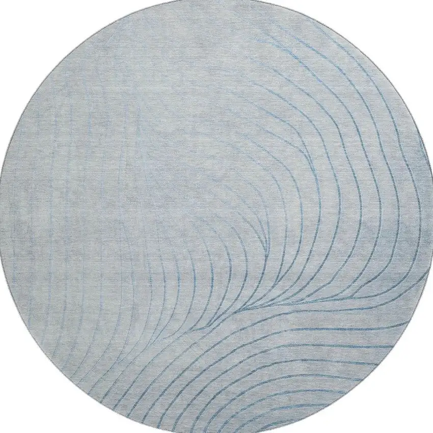 8' Sky Blue And Silver Abstract Washable Round Rug With UV Protection Photo 3