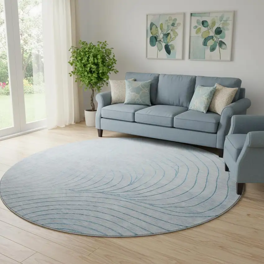 8' Sky Blue And Silver Abstract Washable Round Rug With UV Protection Photo 2