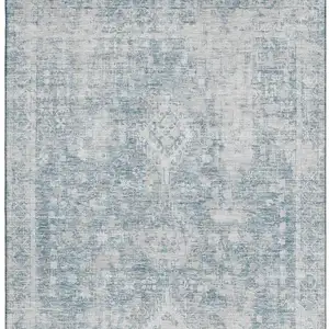 Photo of 8' Sky Blue And Silver Oriental Washable Area Rug With UV Protection