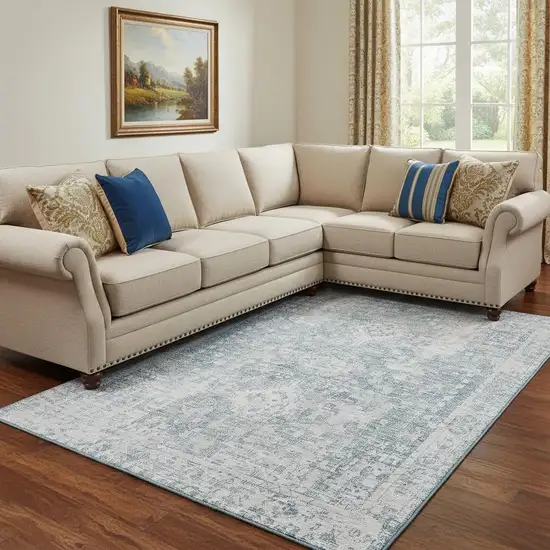 8' Sky Blue And Silver Oriental Washable Area Rug With UV Protection Photo 2