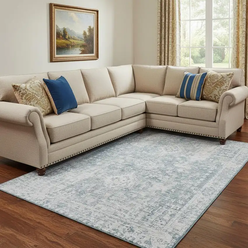 8' Sky Blue And Silver Oriental Washable Area Rug With UV Protection Photo 2