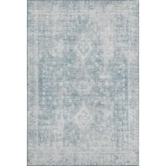 8' Sky Blue And Silver Oriental Washable Area Rug With UV Protection Photo 1