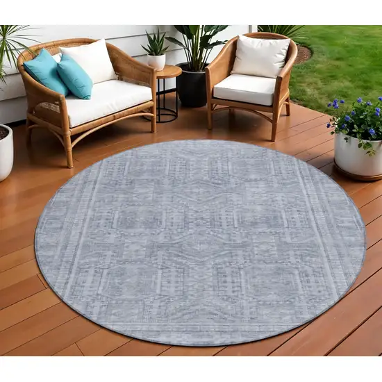 8' Sky Blue And Silver Round Geometric Washable Indoor Outdoor Area Rug Photo 2