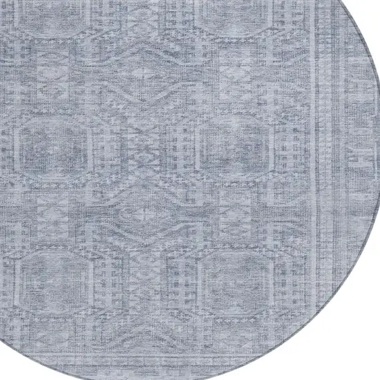8' Sky Blue And Silver Round Geometric Washable Indoor Outdoor Area Rug Photo 8