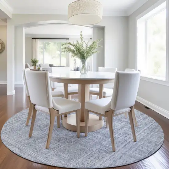 8' Sky Blue And Silver Round Geometric Washable Indoor Outdoor Area Rug Photo 6